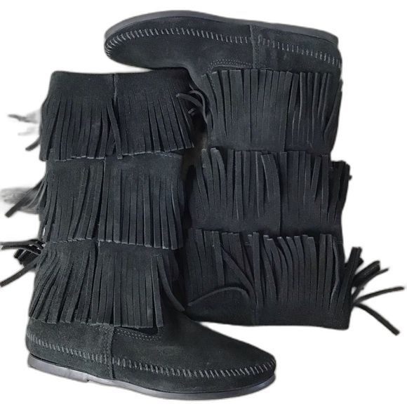 Minnetonka Suede Leather 3-Layer Fringe Boot Black Size 5 New - Picture 5 of 7